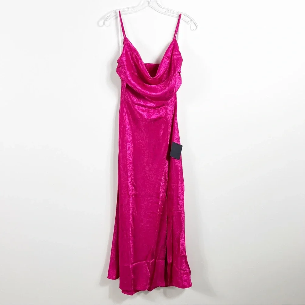 Lulus Stunning Radiance Hot Pink Satin Jacquard Cowl Midi Dress Size Medium NWT - Picture 3 of 8
